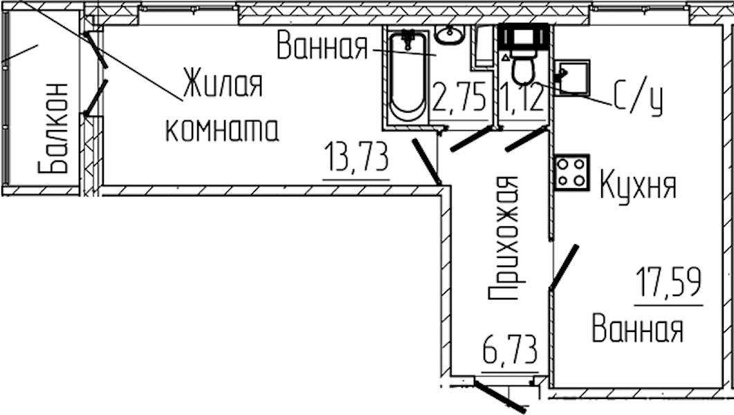 1-комнатная квартира 42.94 м², 3/6 эт., ЖК «SERTOLOVO PARK»